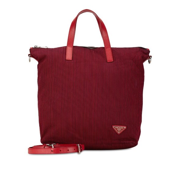 Prada Triangle Plate Stripe Handbag Shoulder Bag Red Black Cotton Leather Women' - Picture 1 of 10